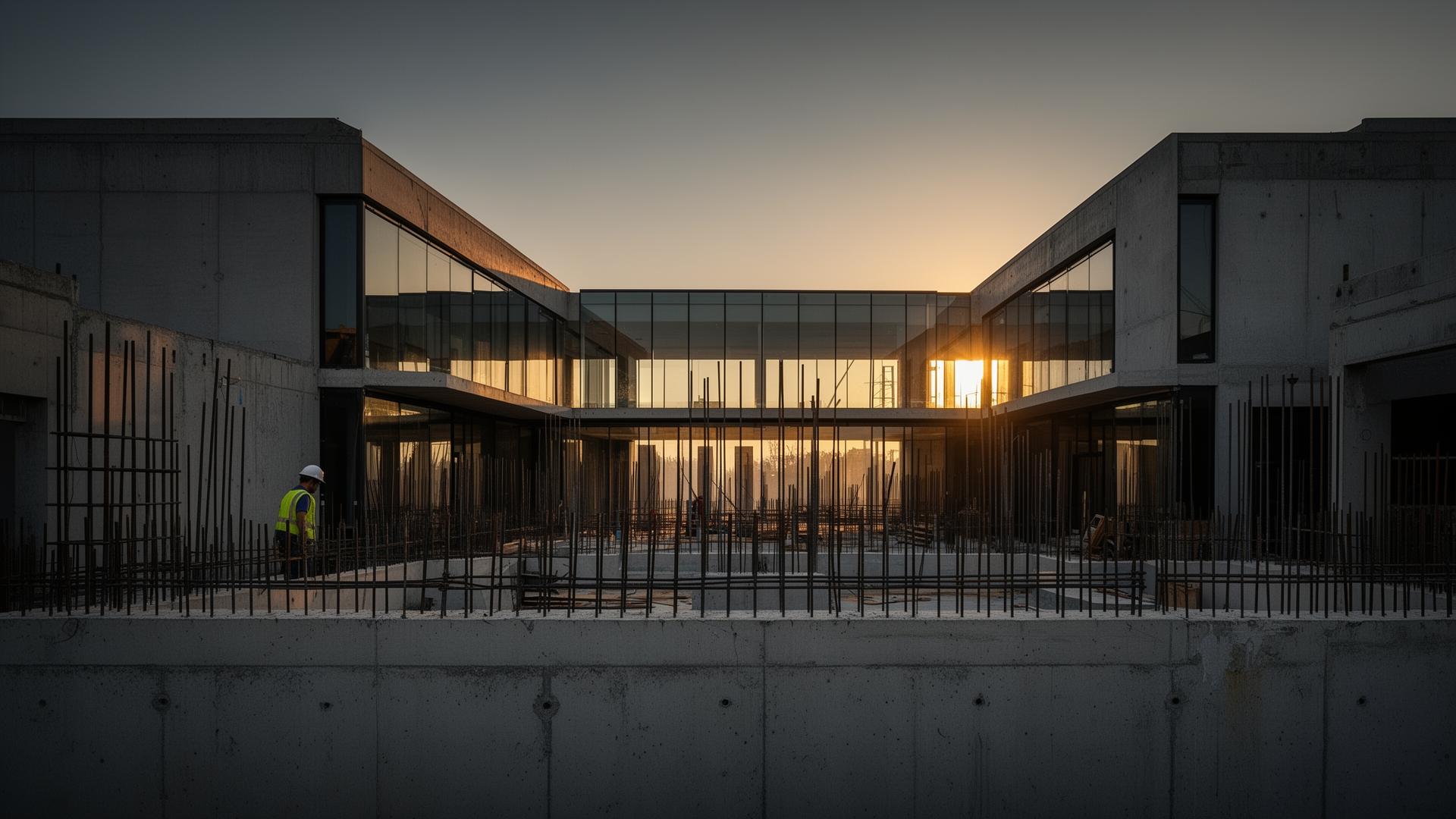 Obra de construcción con estructura de concreto y acero al atardecer